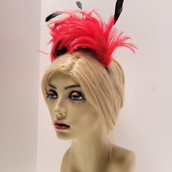 Flamboyant Red and Black Feathers Fascinator on a Headband - Picture 3 of 11